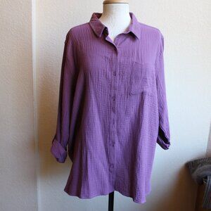 Anne Klein Purple Rolled Sleeve Cotton Textured Shirt Size XXL